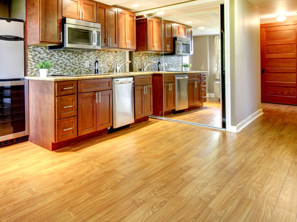 Basement luxury kitchen in the modern apartment with hardwood floors.