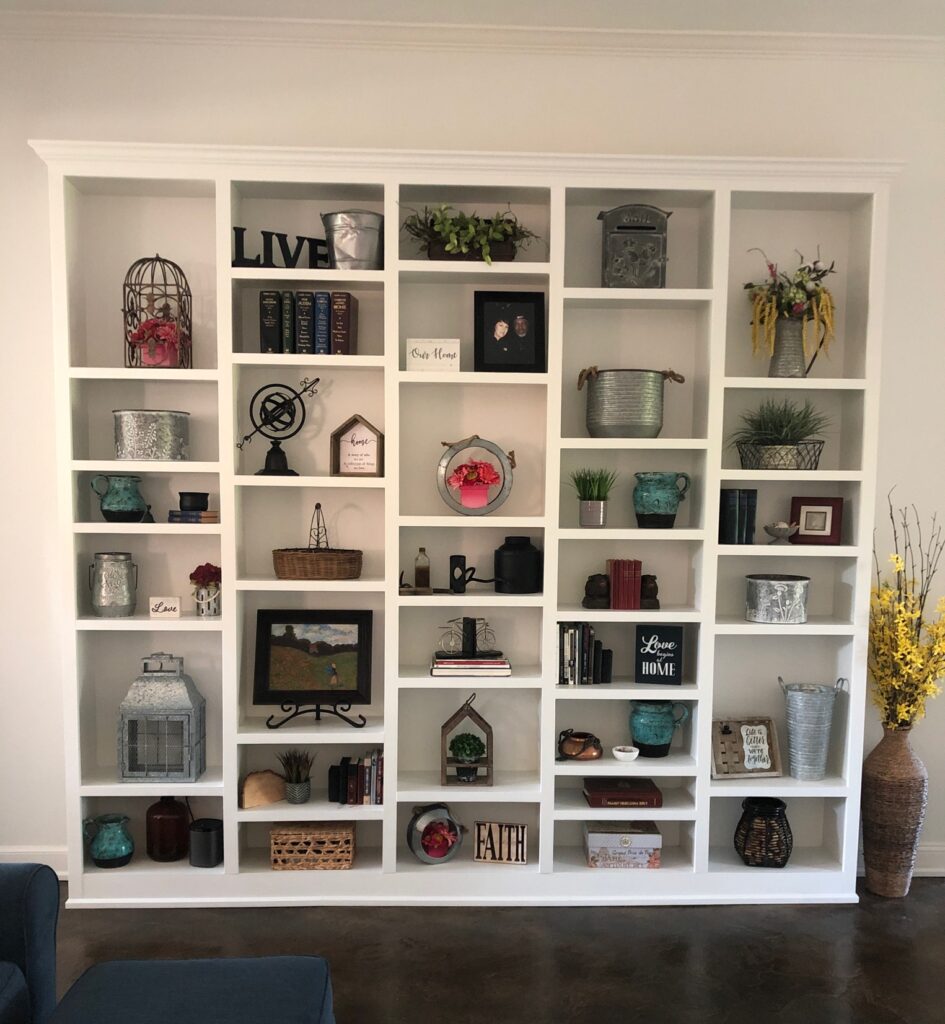 Finished shelving and flooring, living room remodel project